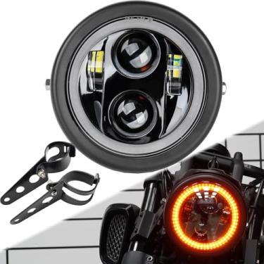 Imagem de SINLIRU Farol de motocicleta de LED preto de 14,6 cm, 5-3/4, halo âmbar fumado, DRL, com concha preta fosca, suportes de montagem lateral de tubo de garfo de 32 a 40 mm compatíveis com motocicletas