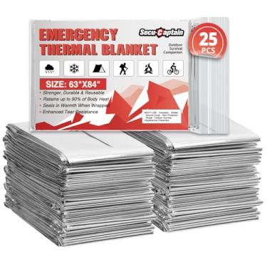 Imagem de SecuCaptain Cobertores térmicos de emergência de sobrevivência: pacote com 25 unidades extragrandes 213 cm x 160 cm espaço Mylar kit de cobertor para acampamento ao ar livre inverno frio caminhadas
