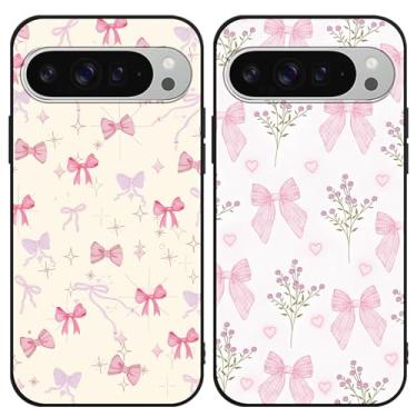 Imagem de Zrutru Pacote com 2 capas de telefone com laço rosa para Google Pixel 9 Pro XL 5G 6,8 polegadas, desenhos animados fofos, kawaii, laço floral, estampa floral, design estético, capa protetora de TPU