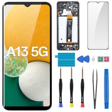 Imagem de BESJMYT Para Samsung Galaxy A13 5G tela de substituição LCD digitalizador sensível ao toque conjunto completo com botão lateral moldura auricular alto-falante vibração motor vidro kit ferramentas de