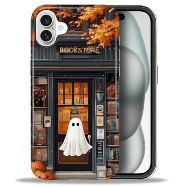 Imagem de CARLOCA Capa para iPhone 16 [design aconchegante de livraria fantasma] - TPU macio de proteção dupla híbrida + policarbonato rígido, à prova de choque e anti-arranhões, capa protetora masculina e