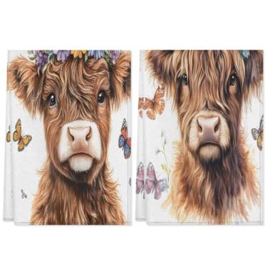 Imagem de Toalhas de cozinha Highland Cow Butterfly Flower Pano de prato 45 x 71 cm Toalhas de mão de cozinha absorventes macias 2 pacotes para casa de banho de fazenda decoração de hotel