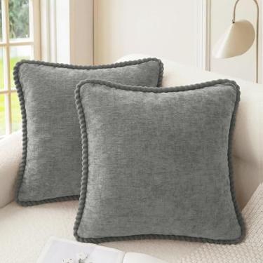 Imagem de CaliTime Capas de almofada decorativas para sofá 50 x 50 cm, pacote com 2 capas de almofada aconchegantes de chenille com borda tubulada para sofá-cama, sala de estar, casa, cinza médio
