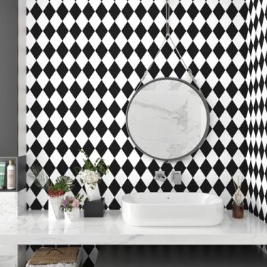 Imagem de Mangoloo Papel de parede preto e branco para banheiro geométrico adesivo de losango removível em papel de parede boho armários de papel de contato cozinha Backsplash temporário 44,5 cm x 259 cm