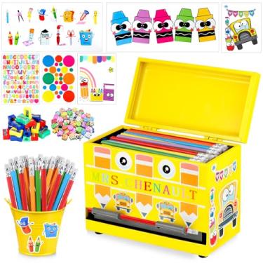 Imagem de Kit de dispensador de lápis de aço inoxidável, 159 peças, suporte de lápis para sala de aula com apontador, borrachas, adesivos, balde de metal, material de escritório essencial para professores de