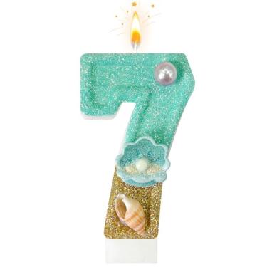Imagem de Velas de aniversário, azul praia número 7 velas decoradas com conchas e pérolas para topo de bolo, adequado para decorações de bolo de sereia, decoração de aniversário com tema oceano (7 velas)