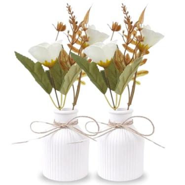 Imagem de Kit 2 Arranjos Com Vasos de Gesso Planta Artificial Decorativa (Rosa Branca)