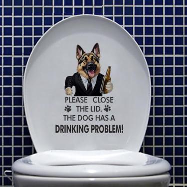 Imagem de Adesivo engraçado de cão pastor alemão com garrafa de cerveja tampa de vaso sanitário, feche a tampa O cão tem problemas com a bebida humor citações vinil remover adesivos à prova d'água para banheiro