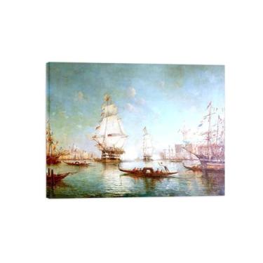Imagem de LXURY Impressão de arte de parede em tela de moldura de madeira - barco no rio - reproduções de imagens em tela famosa - pôster de pintura de arte para decoração de parede de escritório doméstico 70 x