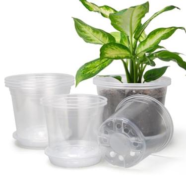 Imagem de OUPSAUI Vasos transparentes para berçário de 21 cm com drenagem e bandejas, pacote com 9 vasos de plástico grandes para plantas, vasos de mudas para iniciantes, vasos de jardim para suculentas, flores