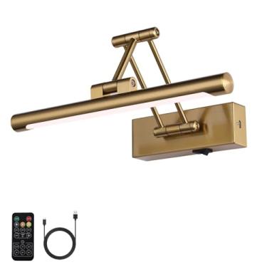 Imagem de yumcrelect Luz de imagem operada por bateria com controle remoto, luzes de galeria sem fio latão 30,5 cm recarregável com braço oscilante flexível, arandela de parede regulável para arte na parede