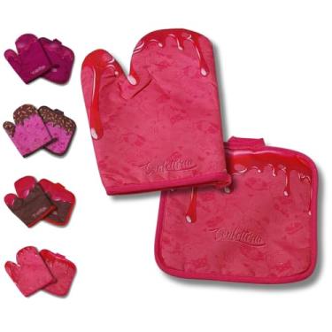 Imagem de Kit Luva Térmica e Descanso de Panela Estampado Caldas Cozinha Forno Fogão Pegador Resistente ao Calor 2 Peças (Calda de Cereja)