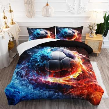 Imagem de XYNHML Jogo de cama solteiro com estampa de futebol, 3 peças, para crianças, adolescentes, meninas, meninos, adultos, bolas esportivas, gelo, fogo, futebol, edredom com 1 edredom e 2 fronhas