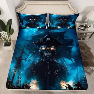 Imagem de Jogo de lençol solteiro capitão pirata para meninos e adolescentes, aventura náutica, navio pirata (sem lençol de cima), onda do mar, lençol com tema de oceano, 1 fronha