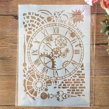 Imagem de TIAMECH A4 Estêncil de relógio reutilizável para pintura - relógio mecânico e modelo vintage de tijolos de parede, arte de parede DIY, móveis de madeira, álbum de recortes e artesanato (21 x 29,7 cm)