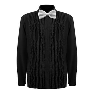 Imagem de Jaugola Camisa masculina de smoking com babados retrô anos 70 anos 80 formatura ruche babados camisa gravata borboleta camisa manga longa fantasia camisas pretas PP