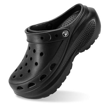 Imagem de PIMIO Tamanco feminino com plataforma, antiderrapante, para jardim, com suporte de arco, palmilha acolchoada removível, sandália confortável para praia, uso ao ar livre, chinelos femininos, Todo preto