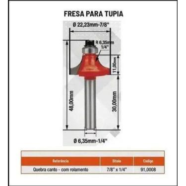 Imagem de Fresa Tupia Rocast Quebra Canto Com Rolamento 7/8" X 1/4" 91.0008