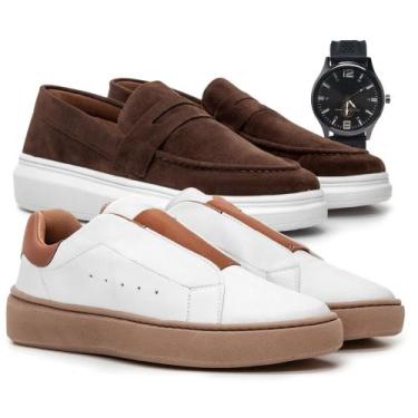 Imagem de 2 Pares Sapato Mocassim e Sapatenis Masculino Social Camurça Couro Cal