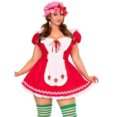 Imagem de Leg Avenue Fantasia plus size de 3 peças Berry Cutie, inclui vestido de avental com cadarço frontal e detalhes de baga, laço traseiro e boné, 1X-2X, vermelho