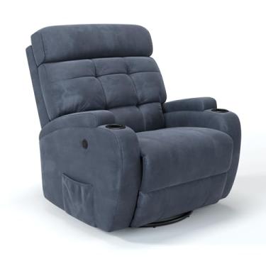 Imagem de Poltrona do Papai Reclinável Elétrica Giratória e Balanço em Suede Massagem (Azul Dennin)