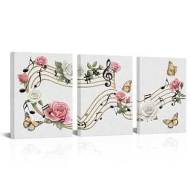Imagem de Biuteawal 3 peças de arte de parede de notas musicais rosa branco vintage em tela impressões decoração de estúdio musical emoldurado pronto para pendurar presente de músico elegante