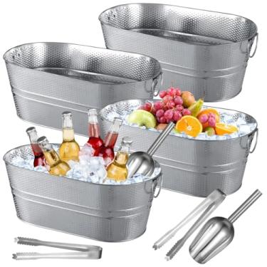 Imagem de yeesport 4 baldes de gelo galvanizados, baldes de metal de 8 litros com alças, refrigeradores de bebidas vintage, grandes banheiras ovais, inclui pinças e colheres para coquetéis, vinho, cerveja