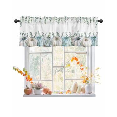 Imagem de Cortinas de Dia de Ação de Graças para Janela de Cozinha 137 x 45 cm, Folhas de Eucalipto Abóbora Verde Vintage Bolso de Haste Pequena Cortina para Sala de Estar Letras Vintage Sanefas para Janelas
