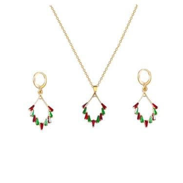 Imagem de Colar com pingente de cristal verde vermelho e pingente de zircônia cúbica, pingente de Natal, brincos pendentes, conjunto de joias para mulheres, banhado a ouro 14K, moderno, pequeno brinco de argola