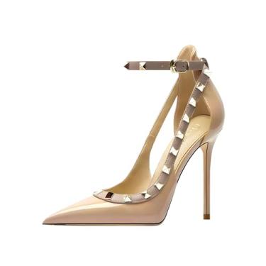 Imagem de Qunvngutui Sapatos femininos de salto alto com bico fino com tiras e salto alto sexy, Rebites Nude, 37