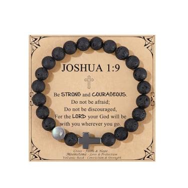 Imagem de JoycuFF Presentes cristãos para homens, pulseiras de pedra da lua, aniversário, Natal, Dia dos Namorados, Páscoa, batismo, presentes inspiradores para ele, filho, neto, pedra da lua, pedras vulcânicas