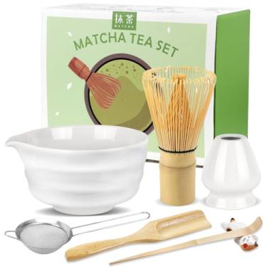 Imagem de HengLiSam Conjunto de 7 peças Matcha, conjunto de batedor e tigela matcha de cerâmica, conjunto de chá matcha com tigela matcha, suporte para batedor matcha, colher de bambu, peneira, colher e suporte