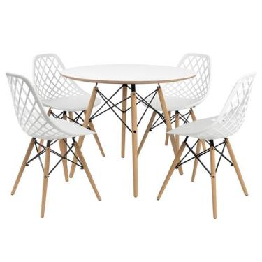 Imagem de Kit Mesa Redonda Chanfrada Eames 110cm Branca com 4 Cadeiras Kaila DSW