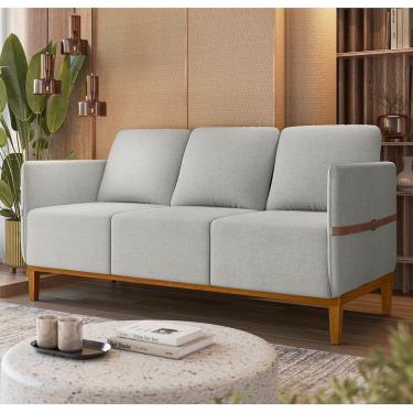 Imagem de Sofá Living 3 Lugares com Pés em Madeira Maciça 187cm Estelí Espresso Móveis Linho Cinza Claro/Sintético Caramelo