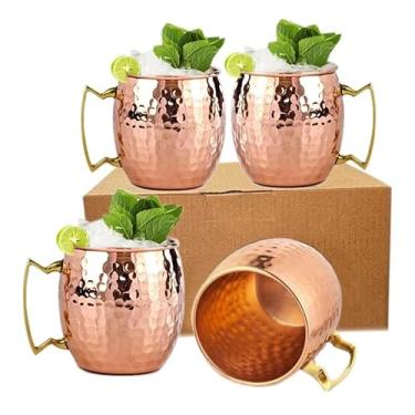 Imagem de BOLD & DIVINE Canecas de cobre Moscow Mule - Conjunto de 4 - 100% artesanais - Canecas de cobre sólido puro seguro para alimentos com cabo de ouro e latão - Conjunto de presente de Natal de 473 ml |