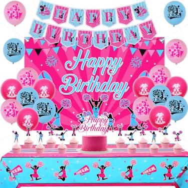 Imagem de JOYMEMO Cheerleading Birthday Party Decorations for Girls - Hot Pink Blue Happy Birthday Backdrop, Banner, Cake Decor, Tablecloth for Cheer Gymnastics We’ve Got Spirit Party Supplies