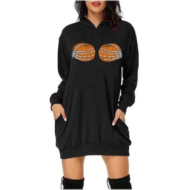 Imagem de Moda casual feminina Halloween estampado com bolsos com capuz vestido 