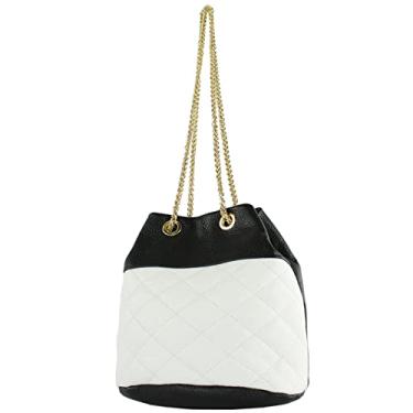 Imagem de modamoda de T245/T246 Bolsa feminina de couro italiano, fecho de corrente dourada, 20 x 14 cm, Preto/Branco/Couro, Small