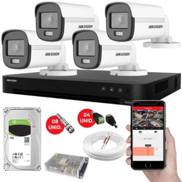 Imagem de Kit CFTV 4 Câmeras de Segurança Hikvision Colorvu Imagens Noturnas Coloridas Full HD 1080p c/hd 1TB