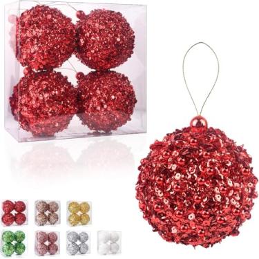 Imagem de Bolas de Natal, 4 peças de bolas de árvore de Natal de 8 cm, ornamentos de bola de Natal para festa de casamento (vermelho, 10 cm)