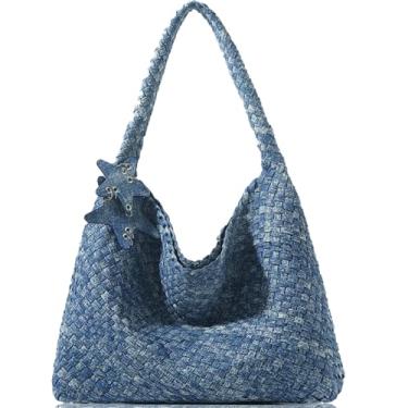 Imagem de OUYGZOU Sacola de tecido para mulheres, bolsas de ombro, Hobo de praia, bolsa tecida à mão nas axilas, bolsa de alça superior com bolsas, Jeans azul, One Size