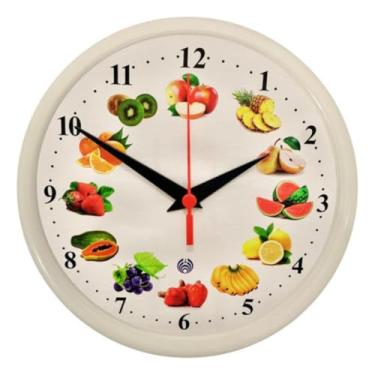 Imagem de Relógio de Parede Redondo Decorativo, Frutas, Branco com Moldura Branca, 25cm, para Cozinha e Área Gourmet