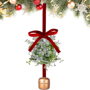 Imagem de Knitgrip Bola de beijo de visco de Natal com glitter com enfeite de sino com laço e frutas silvestres decoração artificial de visco para decoração de luz de teto de entrada (branco, bagas)