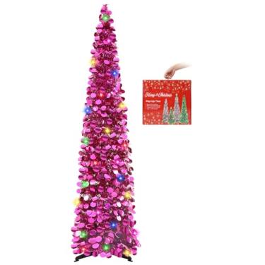 Imagem de MACTING Árvore de Natal pop-up com 50 luzes de LED 1,5 m árvore de lápis de tinsel dobrável fácil de montar, árvore artificial litorânea com glitter para varanda, apartamento, canto, casa, festas de