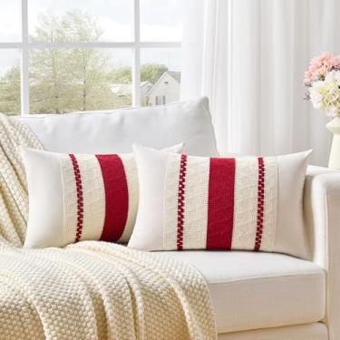 Imagem de Fancy Homi Conjunto de 2 capas de almofada decorativas lombares vermelhas Boho 30,5 x 50,8 cm para sofá-cama e poltrona, decoração de casa de fazenda orgânica moderna, capa de almofada retangular de