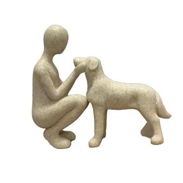 Imagem de IEUDNS Estátua de homem e cachorro, escultura de cachorro humano, artesanato em resina, enfeite de mesa para quarto, apartamento, entrada, lareira, decoração, Bege