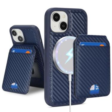 Imagem de Havaya Capa carteira compatível com MagSafe para iPhone 14 Pro Max - Capa magnética destacável 2 em 1, fibra de carbono texturizada, com compartimentos para cartões e carregamento sem fio - azul