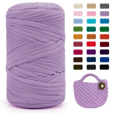 Imagem de JeogYong Fio de camiseta, 400 g/130 metros de tecido elástico para crochê, fita grossa de tecido de poliéster para sacos de crochê/cestas/tapetes, decoração de casa, artesanato DIY (roxo claro)