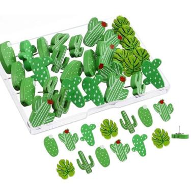 Imagem de 50 peças de alfinetes de cacto, lindas tachinhas decorativas de folha Monstera, pinos de desenho de madeira, tachinhas de plantas verdes para fotos quadro branco de parede quadro de cortiça recurso