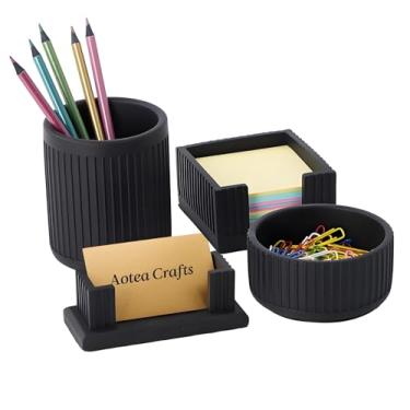 Imagem de Conjunto de 4 acessórios estéticos de mesa para decoração de escritório moderna e minimalista - acessórios de organizadores de mesa de concreto para mulheres ou homens - porta-canetas, porta-cartões